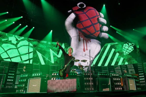 Billie Joe Armstrong and Tré Cool of Green Day perform onstage as Green Day kicks off their Saviors North America Stadium Tour at Nationals Park on...