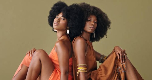 black women, afro hair and fashion clothes on studio background in pride and feminine empowerment. portrait, confident or beauty model friends with style, trend or cool hairstyle and clothing - fashion stock pictures, royalty
