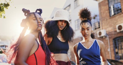 black women, street style and fashion hairstyle with friends standing outside in urban city or ghetto looking trendy and fierce. portrait of stylish females showing beauty and attitude in atlanta - fashion stock pictures, roy