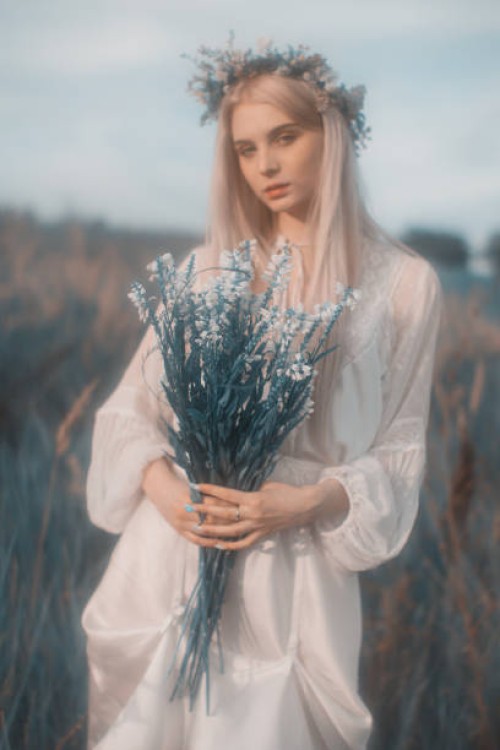 blonde woman in the meadow. flower wreath - garden decoration stock pictures, royalty-free photos & images