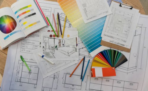 blue prints, color swatch, pencil colors, sketches, plans and documents for a home renovation - home decoration stock pictures, royalty-free photos & images