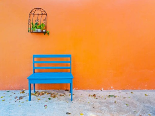 blue wooden bench and a hanging plant against orange color wall - garden decoration stock pictures, royalty-free photos & images