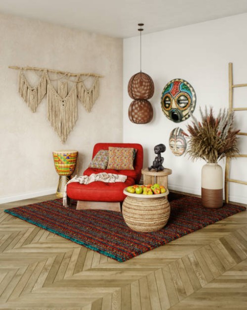 bohemian cozy corner with stylish décor and art - home decoration stock pictures, royalty-free photos & images