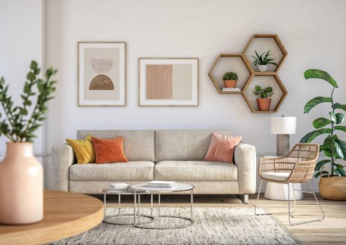 bohemian living room interior - 3d render - home decoration stock pictures, royalty-free photos & images