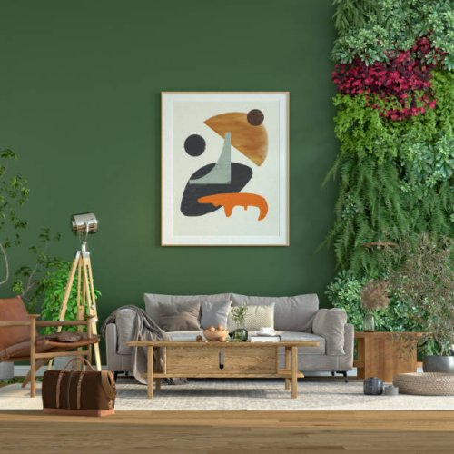 boho living room with vertical garden - garden decoration stock pictures, royalty-free photos & images