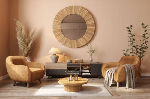 boho style living room with armchairs, coffee table, mirror, potted plant and beige wall - home decoration stock pictures, royalty-free photos & images