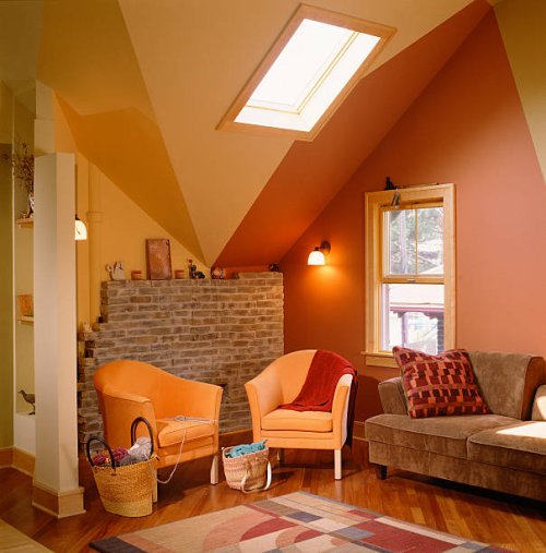 bold colors emphasizing finished attic ceiling - home decoration stock pictures, royalty-free photos & images