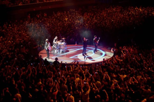 Bono, The Edge, Adam Clayton and Larry Mullen Jr. Of U2 perform at The Forum on May 16, 2018 in Inglewood, California.