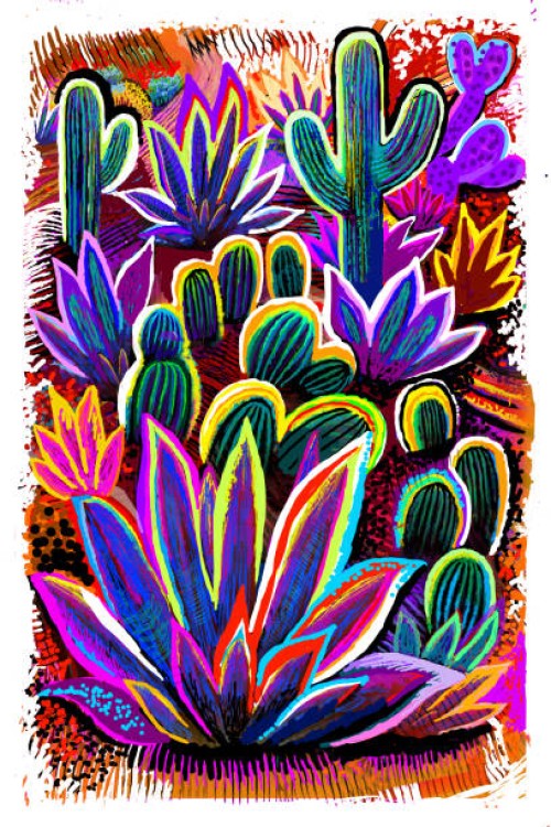 botanical desert garden, saguaro and flowering cactus. digital illustration of succulents. - garden decoration stock pictures, royalty-free photos & images