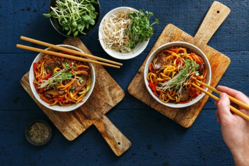 bowls with chow mein - food stock pictures, royalty-free photos & images