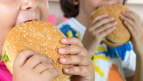 boy and girl with hamburgers - junk food stock pictures, royalty-free photos & images