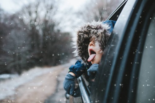 boy on a road trip. the little boy is looking from the car window in winter , opened his mouth and pulled out his tongue, catches snowflakes - travel stock pictures, royalty-free photos & images