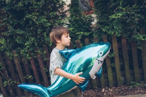 boy with large shark shape balloon - garden decoration stock pictures, royalty-free photos & images