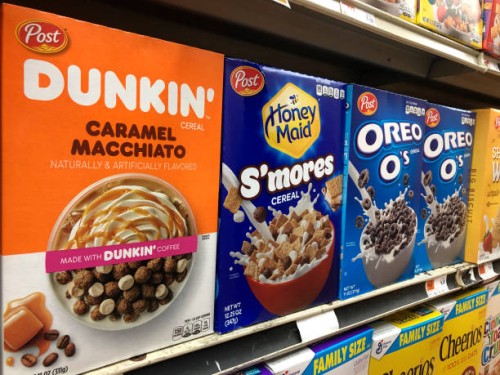 Branded sugar cereals, Dunkin' Caramel Macchiato, S'mores, and Oreo Cookies flavored cereals, Queens, New York.