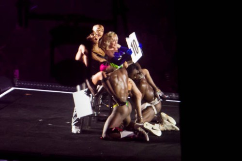 Brazilian singer Anitta and US pop star Madonna perform onstage during a free concert at Copacabana beach in Rio de Janeiro, Brazil, on May 4,...