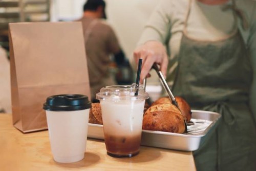 bread and coffee for to go - junk food stock pictures, royalty-free photos & images