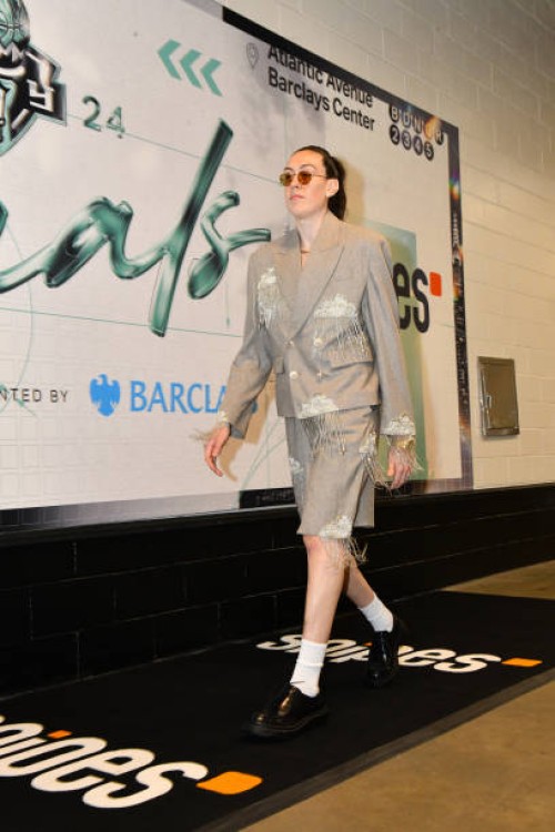 Breanna Stewart of the New York Liberty arrives to the arena before the game against the Minnesota Lynx during Game 2 of the 2024 WNBA Finals on...