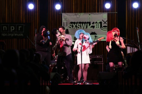 Brently Heilbron, Megan Thornton, and Emily Cawood of Fragile Rock perform onstage at NPR Tiny Desk Concert during the 2019 SXSW Conference and...
