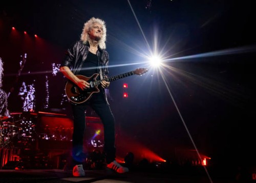 Brian May of Queen + Adam Lambert performs at Little Caesars Arena on October 10, 2023 in Detroit, Michigan.
