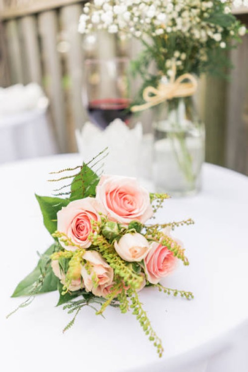 bridal bouquet made up of delicate pink roses. - garden decoration stock pictures, royalty-free photos & images