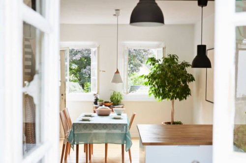 bright modern kitchen and dining room in an old country house - home decoration stock pictures, royalty-free photos & images