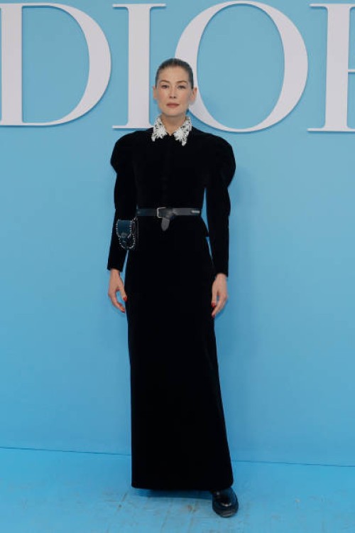 British actress and producer Rosamund Pike poses upon arrival ahead of Dior Women Ready-to-wear Spring-Summer 2025 show as part of the Paris Fashion...