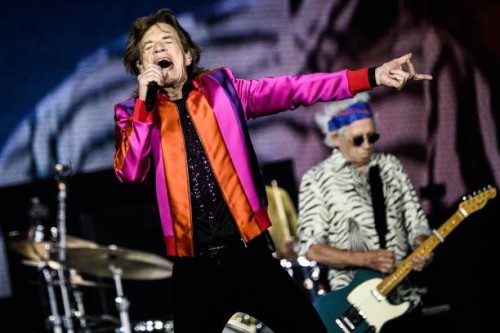 British rock band The Rolling Stones' British singer Mick Jagger and British guitarist Keith Richards perform on stage during a concert part of their...