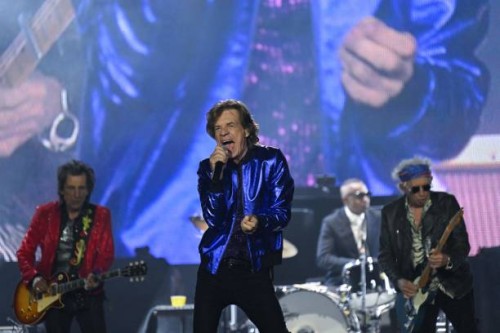 British rock band The Rolling Stones perform during a concert as part of their 'Stones Sixty European Tour' at the Veltins Arena in Gelsenkirchen,...
