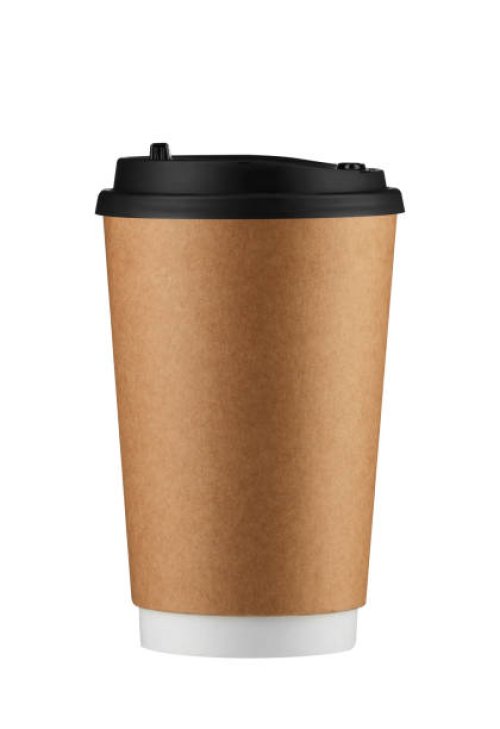 brown disposable coffee cup isolated on white background with clipping path. real photo. paper. - junk food stock pictures, royalty-free photos & images