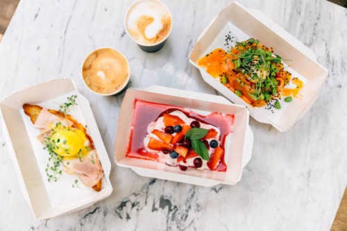 brunch packed for take out in cardboard box containers, high angle view - junk food stock pictures, royalty-free photos & images