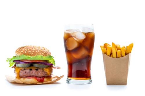 burger combo with cola soda beverage glass and disposable french fries in kraft paper box isolated on white - junk food stock pictures, royalty-free photos & images