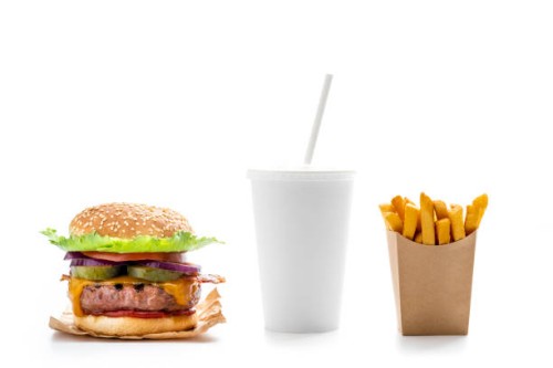 burger combo with take away beverage glass strawn and disposable french fries in kraft paper box isolated on white - junk food stock pictures, royalty-free photos & images