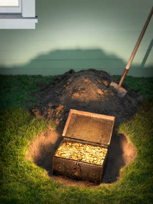 buried treasure in a residential back yard - garden decoration photos et images de collection
