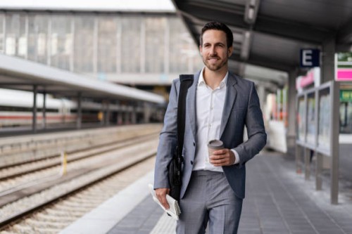 businessman with takeaway coffee walking on station platform - junk food stock pictures, royalty-free photos & images