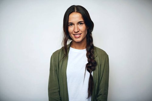 businesswoman with braided hair over white - hairstyle stock-fotos und bilder