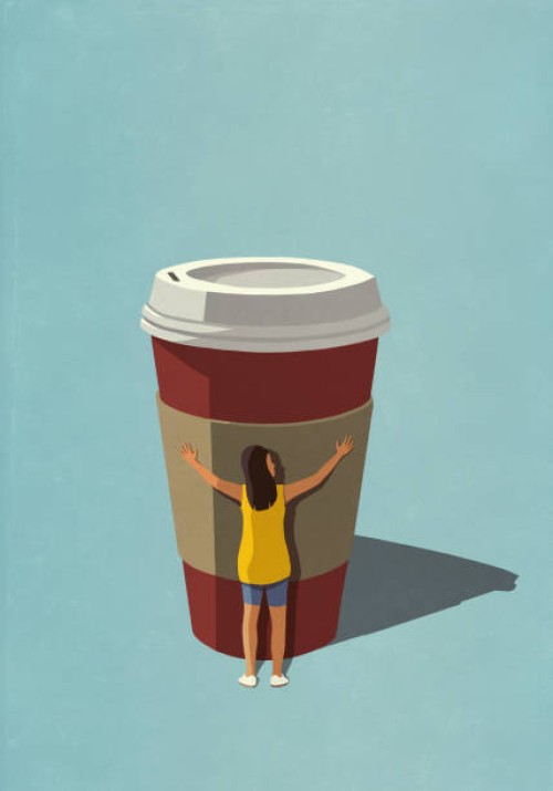 caffeine addicted woman hugging disposable coffee cup - junk food stock illustrations