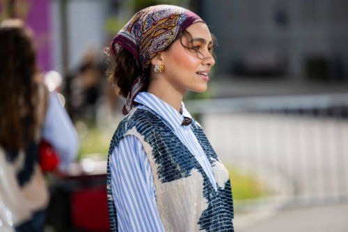 Camila Cisneros wears head scarf outside Munthe during day four of the Copenhagen Fashion Week SS25 on August 08, 2024 in Copenhagen, Denmark.
