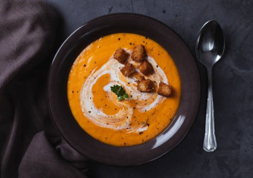 carrot soup with cream and croutons - home decoration stock pictures, royalty-free photos & images