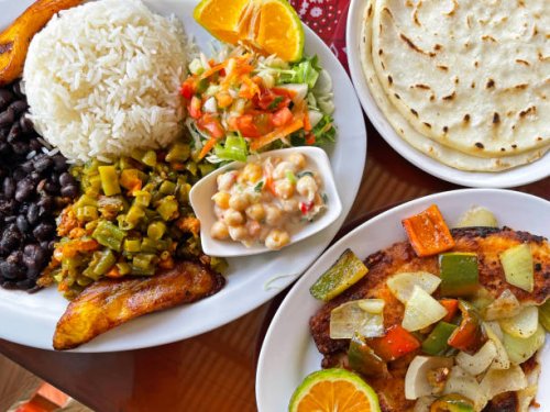 casados, typical meal found in roadside soda restaurants, costa rica - food stock pictures, royalty-free photos & images