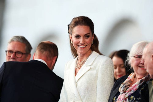 Catherine, Princess of Wales attends a concert celebrating the 80th Anniversary of VE Day, held at the historic Horse Guards Parade on May 8, 2025 in...