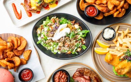 ceaser salad, french fries or chips with sauces. - junk food stock pictures, royalty-free photos & images