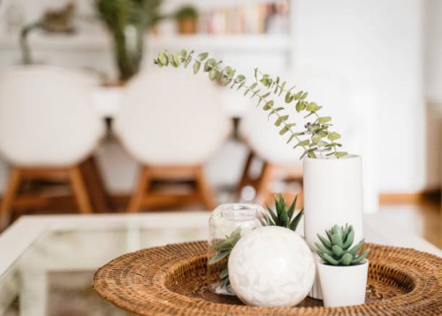 centerpiece with christmas eucalyptus - home decoration stock pictures, royalty-free photos & images