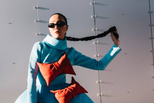 Charlene Davis wears a Raquel Rodriguez dress at Melbourne Fashion Festival 2024 on March 06, 2024 in Melbourne, Australia.