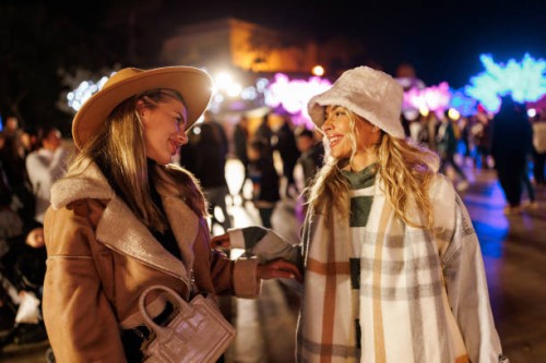 cheerful female friends having fun in amusement park in the evening - concert stock pictures, royalty-free photos & images