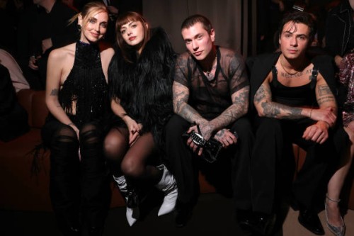 Chiara Ferragni, Annalisa, Benjamin Mascolo and Federico Rossi attend the front row at the Dsquared2 F/W 2025 - 2026 runway during the Milan Fashion...