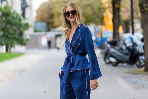 Chiara Ferragni wearing a navy pyjama outside Chloe on September 29, 2016 in Paris, France.