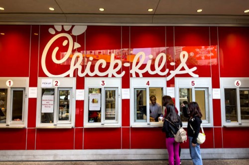 Chick-fil-A fast food outlet, located on the Las Vegas Strip in front of Planet Hollywood is viewed on December 22, 2023 in Las Vegas, Nevada. Las...