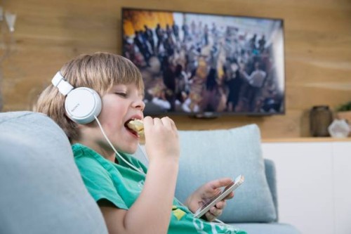 Child playing with a smartphone next to the television.