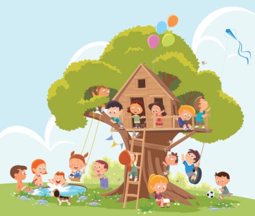 children playing in a treehouse - garden decoration stock illustrations