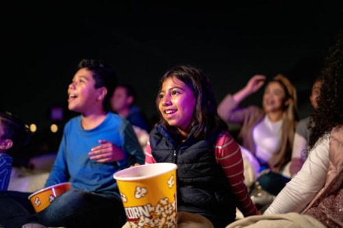 children watching a movie at the outdoors cinema - concert stock pictures, royalty-free photos & images